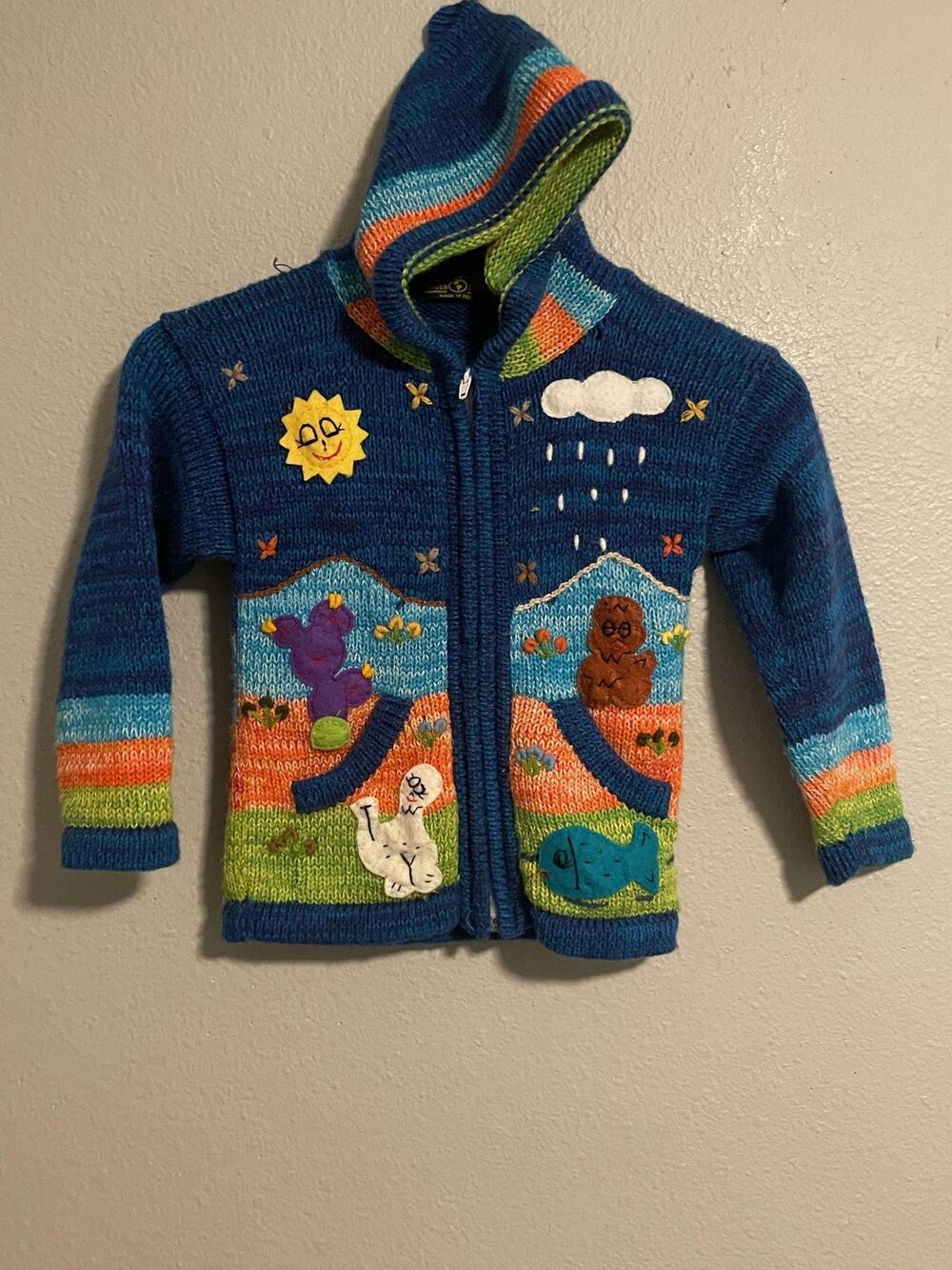 American South Side Youth Sweater Size 6-7 Multicolor Hooded Zip Animal Artsy